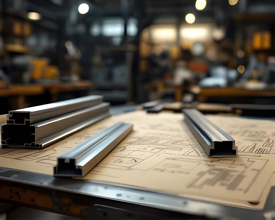 Plano técnico y perfiles de aluminio sobre una mesa de trabajo en un taller iluminado
