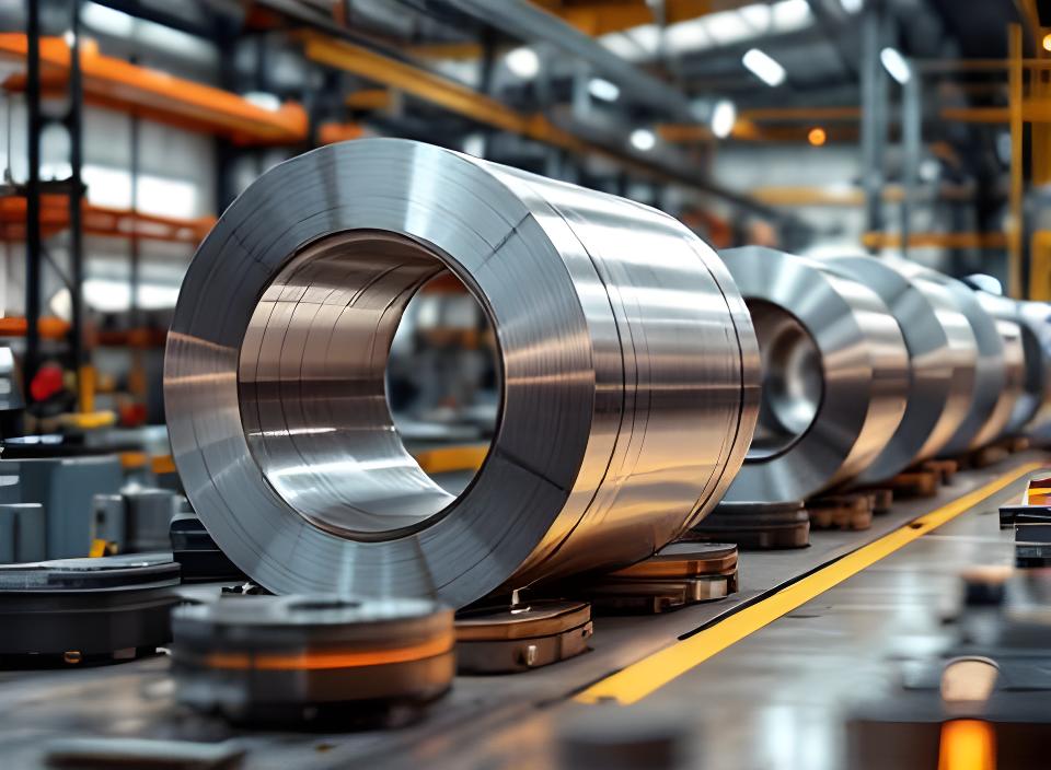 Bobinas y piezas de aluminio ordenadas en un taller industrial iluminado, con reflejos metálicos sobrios