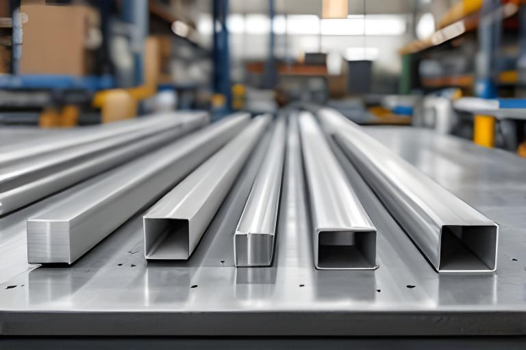 Tubos y barras de aluminio alineados por formato en una mesa de inspección industrial