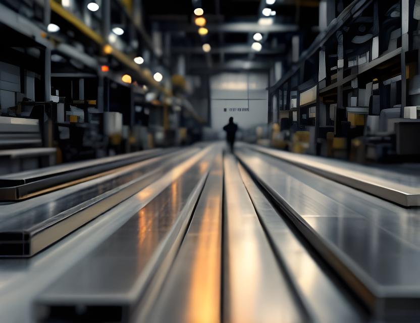 Vista interior de una planta industrial de aluminio con perfiles ordenados y luz tenue en un entorno de trabajo prolijo