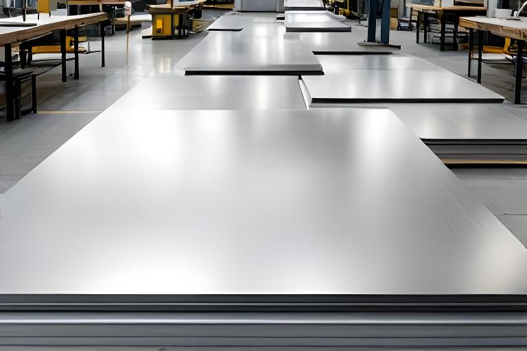 Chapas y placas de aluminio en grandes planchas, con textura industrial y luz lateral suave