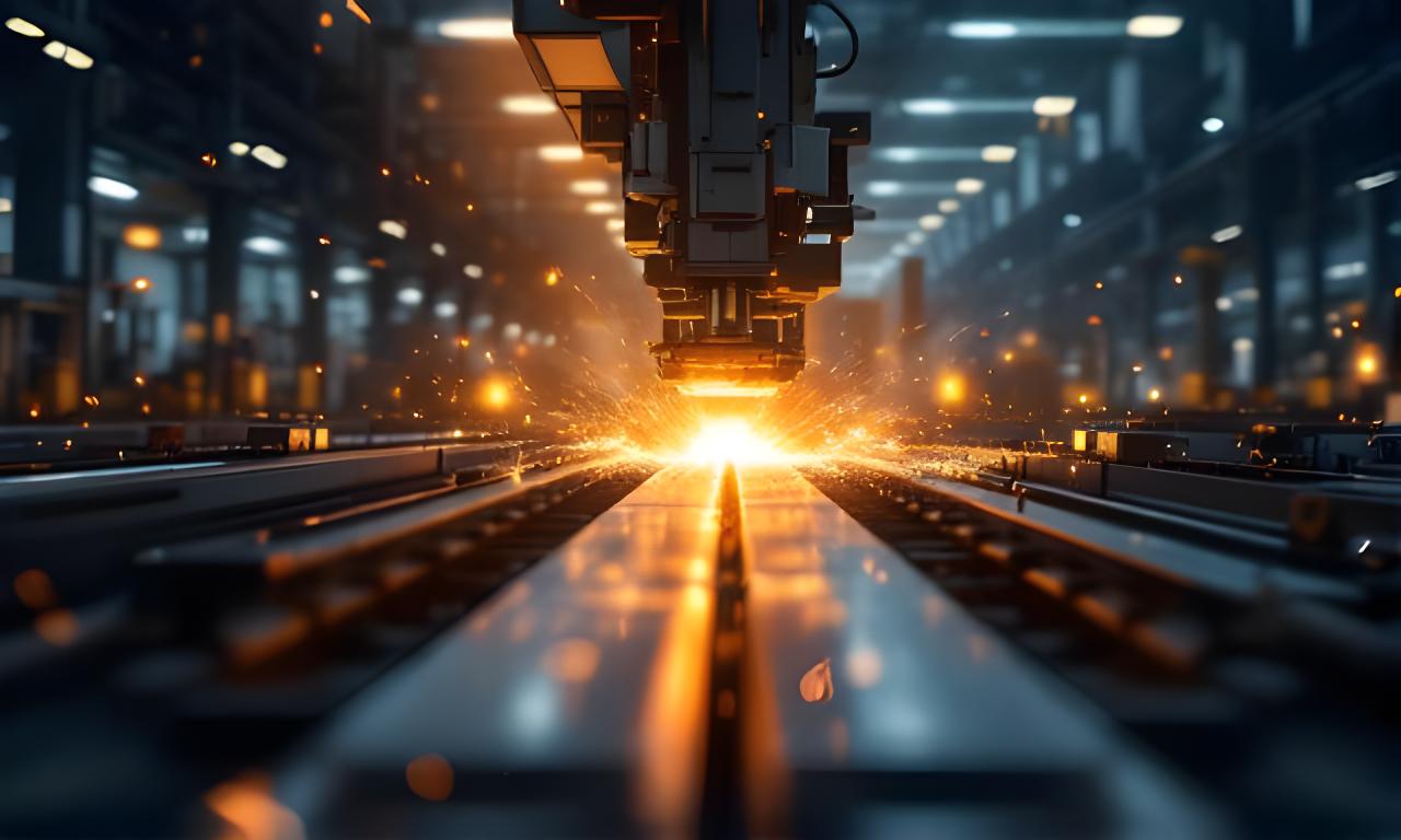 Planta de fabricación de aluminio con líneas industriales, chispas suaves y perfiles en proceso bajo iluminación tenue